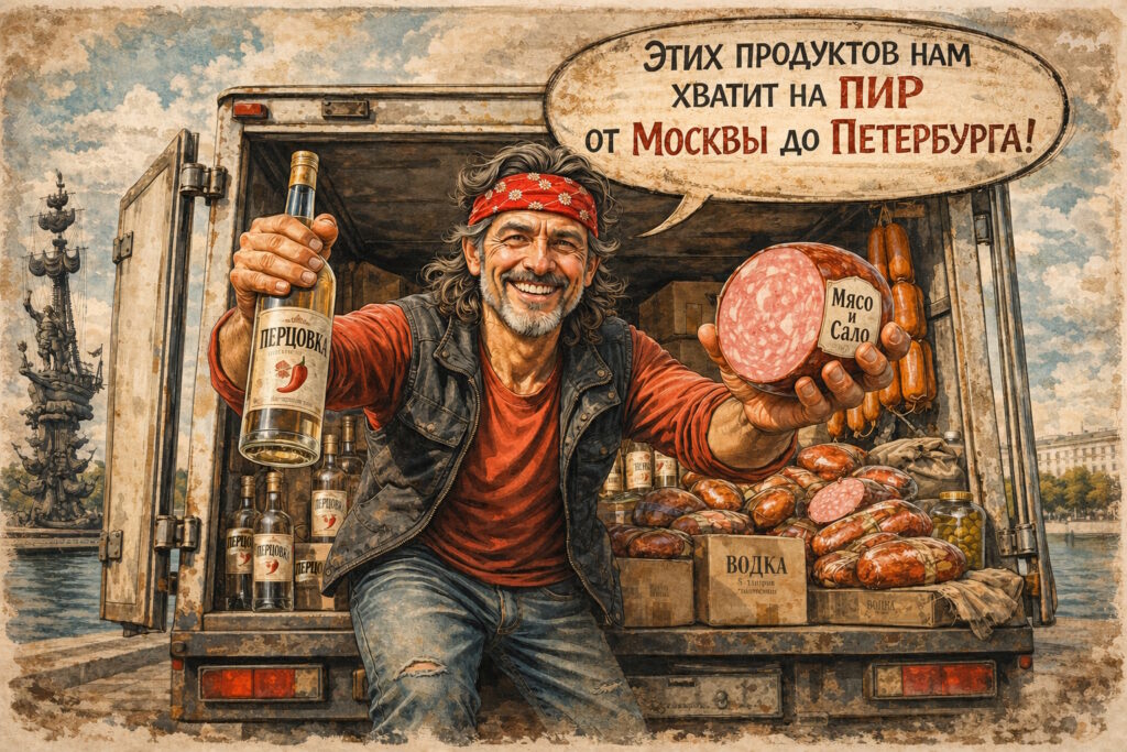 Лукас с водкой и колбасой в руках на фоне грузовика с продуктами