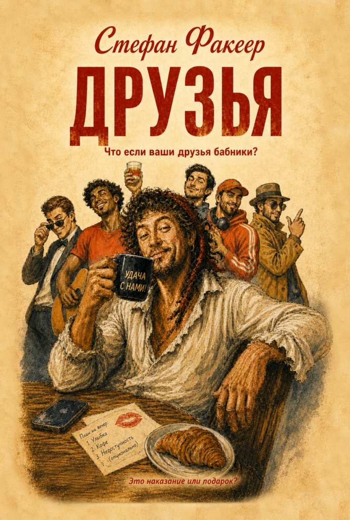 Мужчина пьет кофе и смотрит на зрителя за ним его друзья. Иллюстрация к книге "Друзья", автор Стефан Факеер