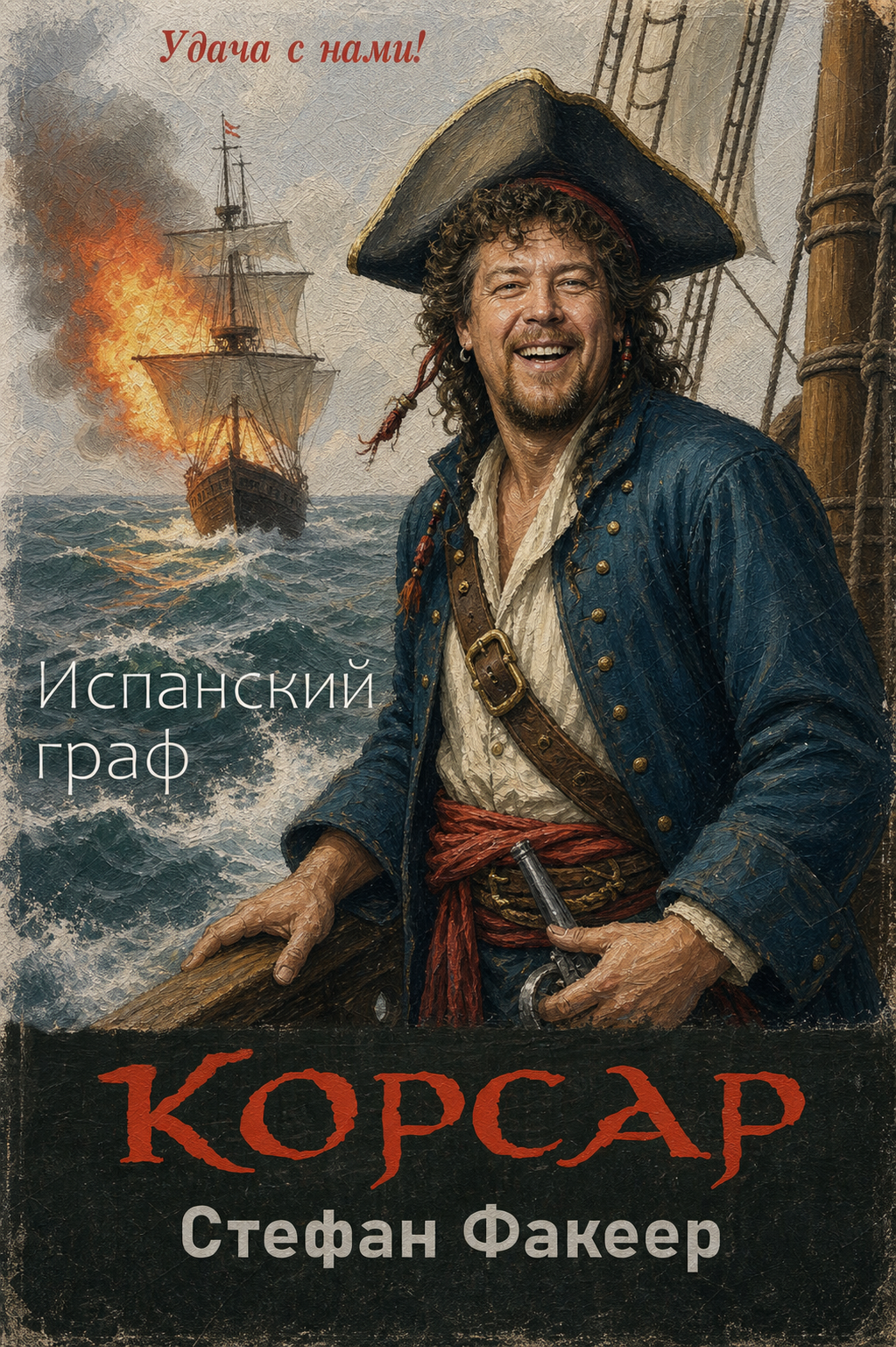 Веселый пират в треуголке на фоне горящего парусника, обложка к книге Корсар. Испанский граф