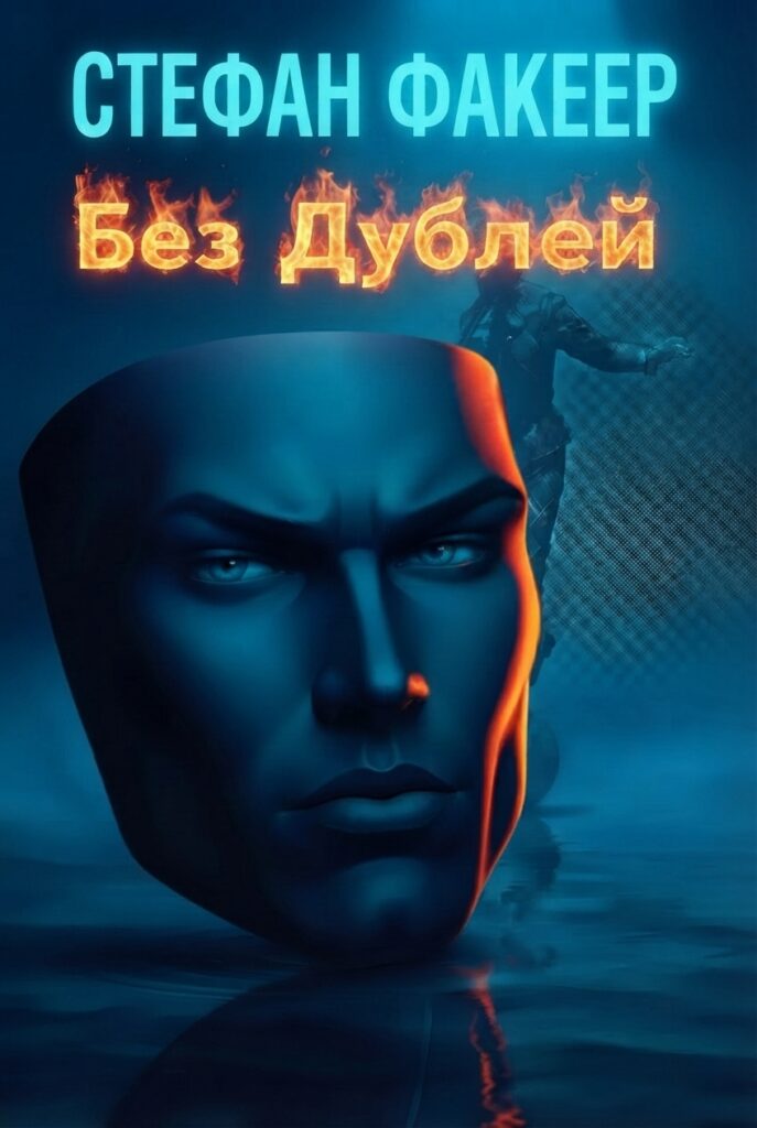 Обложка романа „Без дублей“ автора Стефана Факеера: крупный план стилизованного лица, огненный шрифт названия, силуэт на фоне сетки