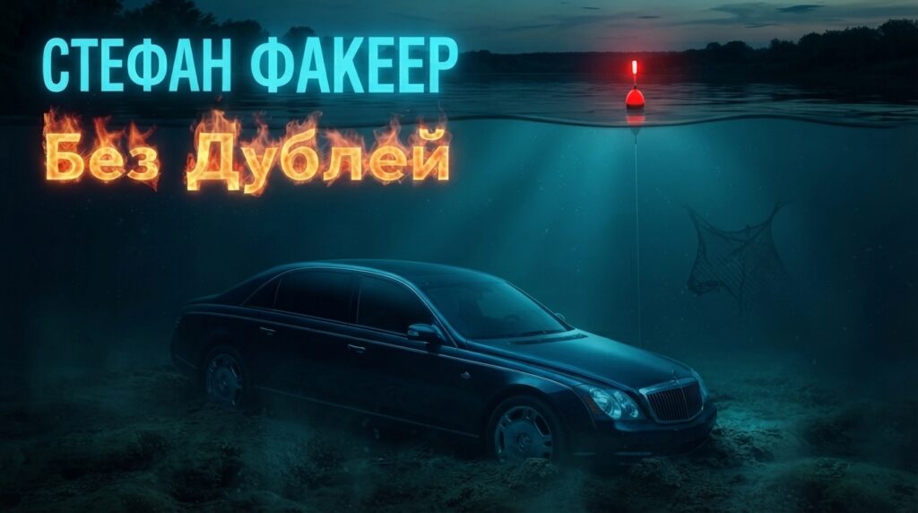Иллюстрация книги „Без дублей“ автора Стефана Факеера: автомобиль мерседес на дне реки, сверху поплавок, огненный шрифт названия