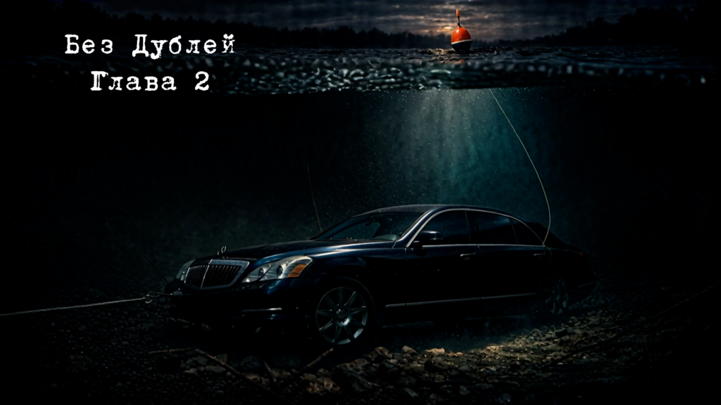 Иллюстрация книги „Без дублей“ автора Стефана Факеера: автомобиль мерседес стоит на дне реки, над ним поплавок